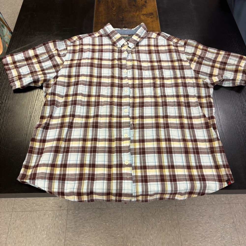 Vintage Woolrich Mens XL Plaid Short Sleeve Button Down Brown Yellow 100% Cotton